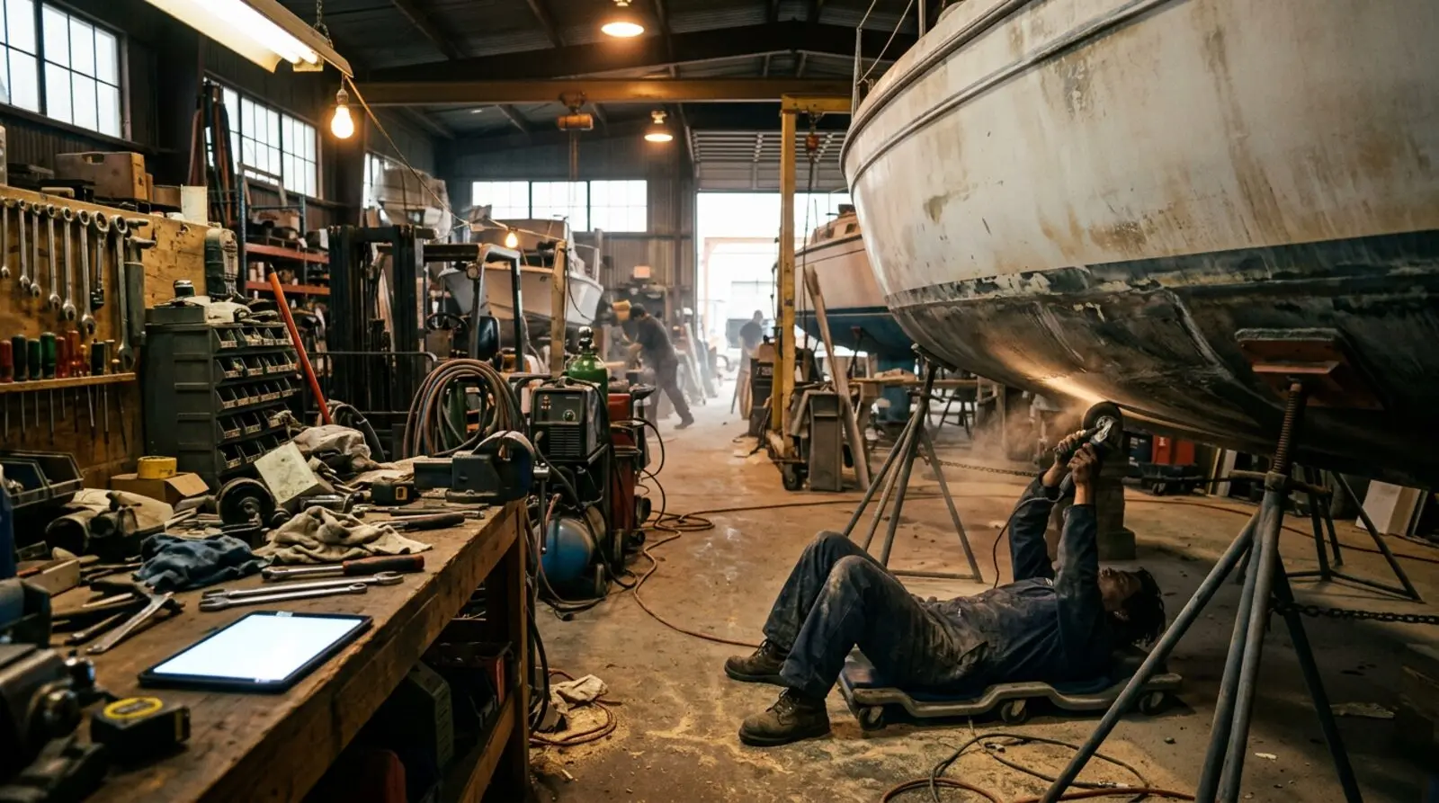 Mechanic on a creeper under a boat hull while a phone rings on the workbench