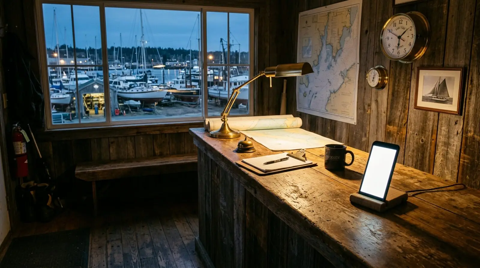 Boatyard front desk at dusk with a phone on a stand